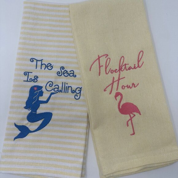 NWT Coastal Dish Towels Set of 2 Mermaid Flamingo The Sea is Calling Hand Towel - Picture 2 of 5
